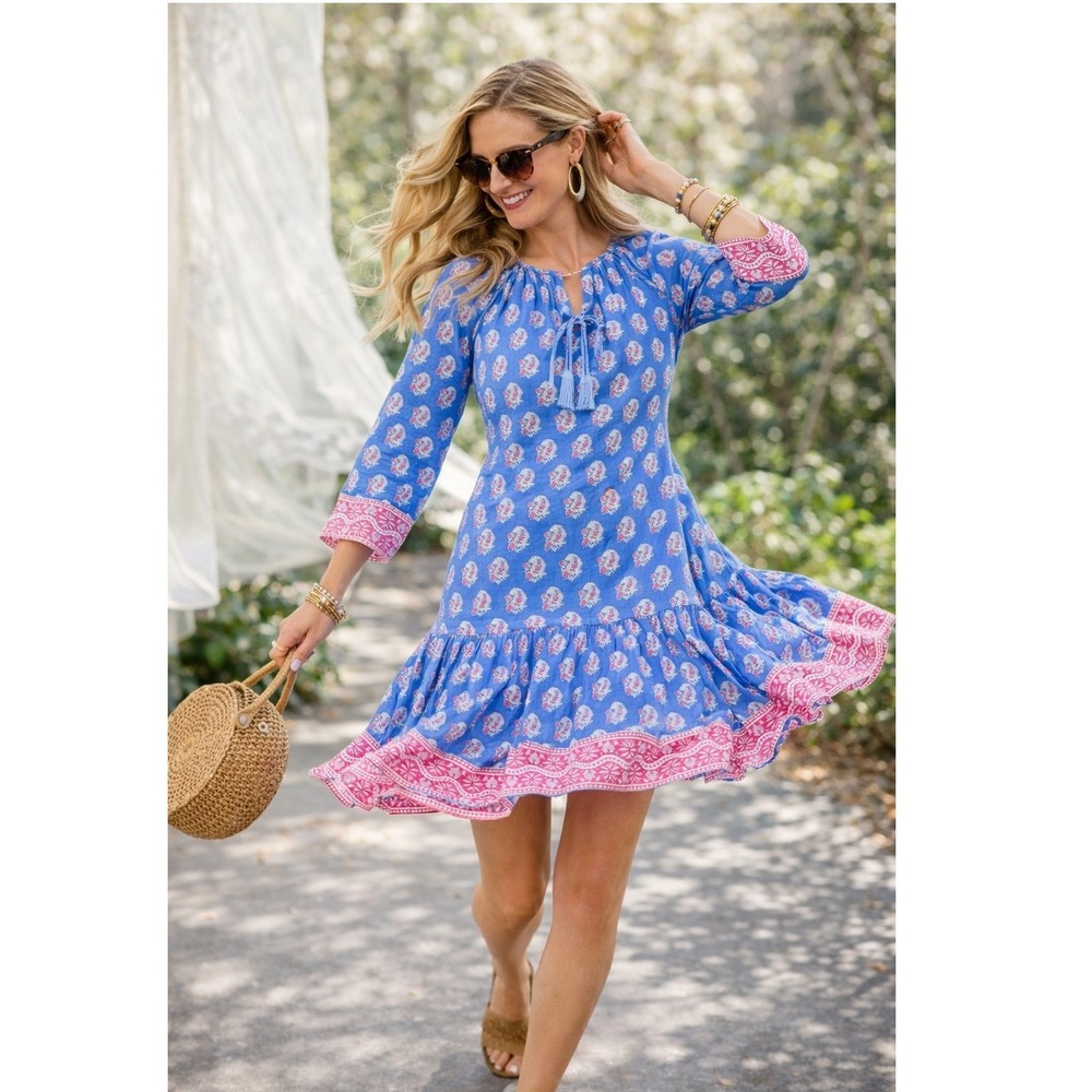 SZ Blockprints NWT Blue Paisley Floral Tiered Mini Dress Boho Lightweight- L